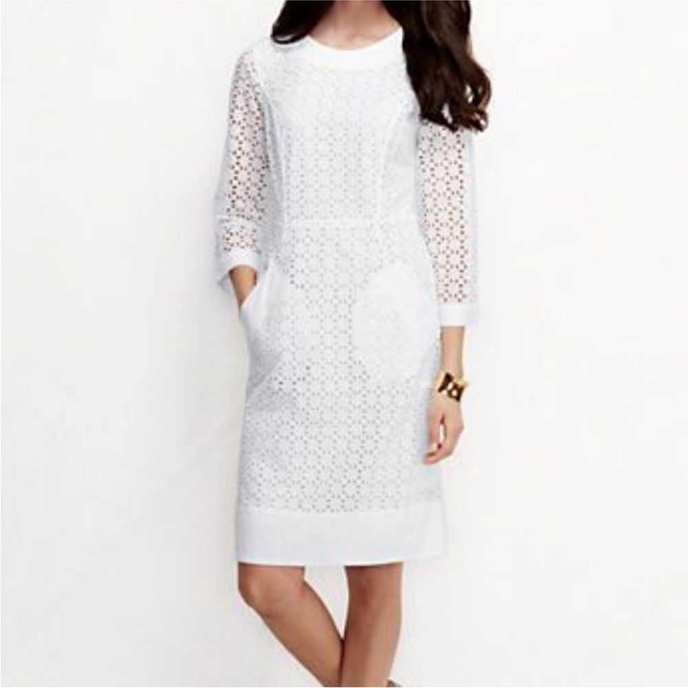 Lands' End Dress Size 4 White Eyelet 3/4 Sleeve Shift Dress Pockets Cotton Lace - Picture 3 of 16